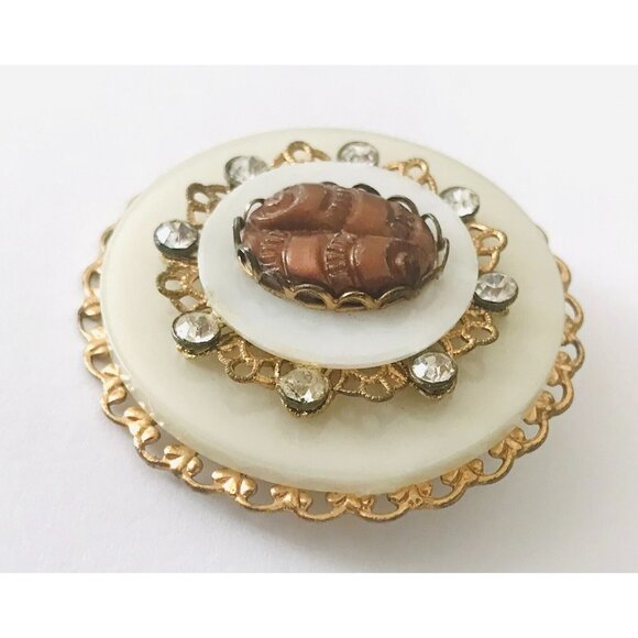 Vintage Stacked Round Mother of Pearl & Rhinestone Gold Filagree Framed Brooch - Picture 6 of 7